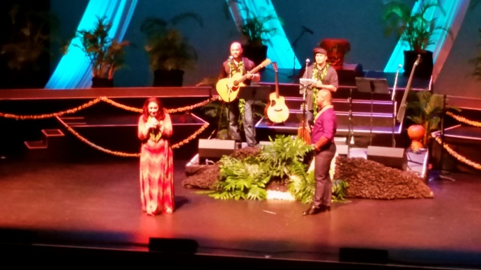 Natalie Ai Kamauu and Kuana Torres Kahele perform at ʻUmia Ka Hanu. Photo by Wendy Osher.