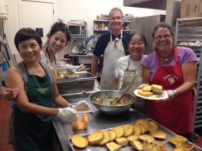 Volunteers enjoy feeding the hungry a delicious meal every night of the year at Hale Kau Kau on site at St. Theresa Church, Kihei.  Courtesy photo.