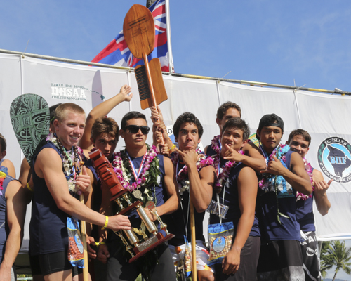 Kamehameha boys pose for a team picture after winning a state paddling title in 2104. Photo by Peter Caldwell.