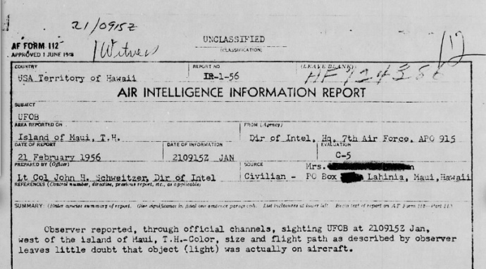 Air Intelligence Information Report. Image courtesy The National Archives, Project Blue Book 1947-1969 via Fold3.