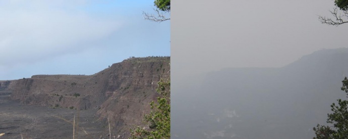 The rim of Kīlauea Volcano’s summit caldera, normally clear on trade-wind days (left), became nearly obscured by vog (right) on some non-trade wind days beginning in 2008, when sulfur dioxide emissions from the volcano’s summit increased to unusually high levels.  USGS photos.
