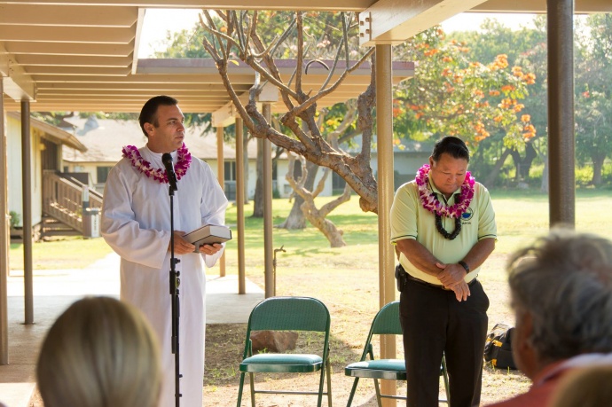 Rev. Sandy Baz offering a blessing at the Grand Re-opening of the Maui Bridge and Intellectual Games Center at the Kenolio Recreational Complex in Kihei. (3.18.2015)  Photo courtesy County of Maui.