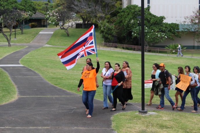 A group of students and faculty with the Hawaiian Studies department at the University of Hawaiʻi Maui College staged a Walk Out for Mauna Kea event on Monday, April 13, in opposition to the Thirty Meter Telescope project on the Big Island of Hawaiʻi. Photo by Wendy Osher.