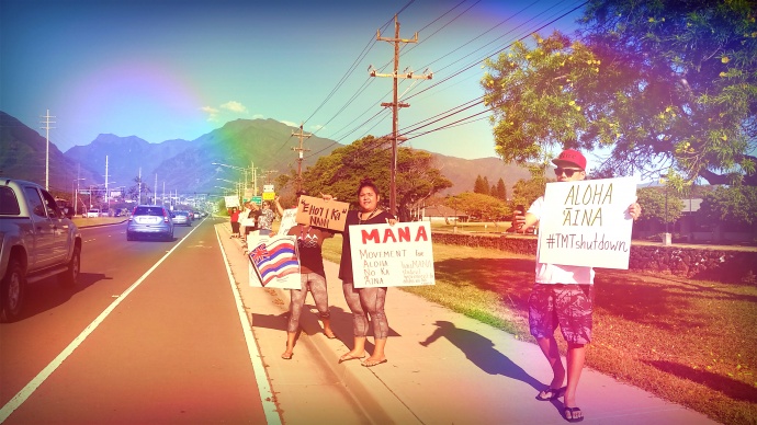 Photo courtesy Kahele Dukelow from a separate sign-waving demonstration held at UHMC on Thursday, April 2, 2015.