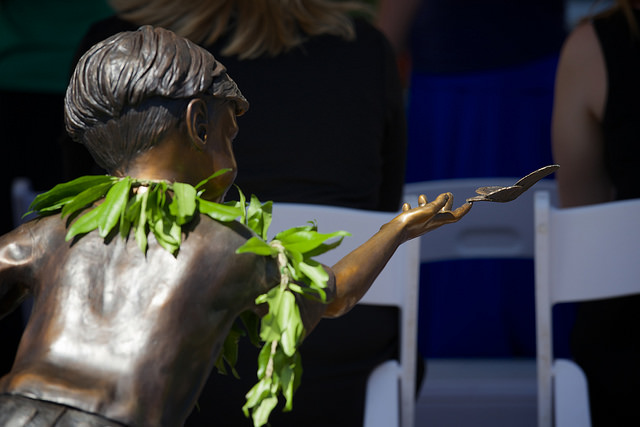Imua Family Services Grand Opening Celebration, 4/17/15.  This statue by sculptor Christine Turnbull graces the entrance of Imua's new home. Photo courtesy: Jeane McMahon via Imua Family Services.