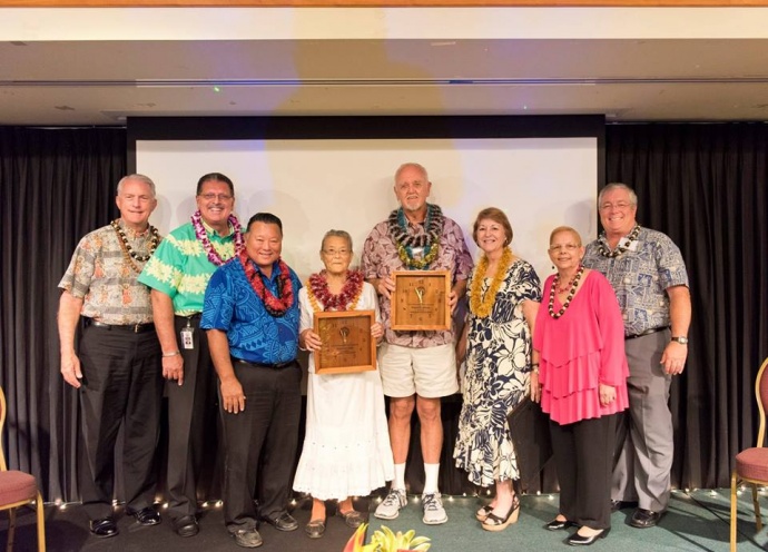 Winners of the 2015 Outstanding Older American Award - Katsuko Enoki and Donald Jensen - at the 47th Annual Maui County Outstanding Older American Awards Luncheon. (5.15.2015) — with Mike White, Michael Victorino, Alan Arakawa, Roz Baker, Gladys C Baisa and Don Couch. Photo courtesy County of Maui.
