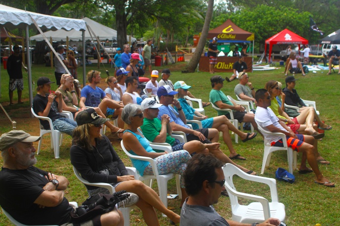 Crowds listening to pro talks at OluKai Ho'olaule'a Demo Day photo by Erik Aeder