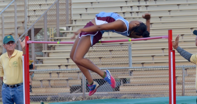 Baldwin's Noelle Johnson won the girls high jump at 5 feet, 1 inch. Photo by Rodney S. Yap.