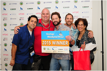 The team of Board.vote captured first place at the 2015 Startup Weekend Maui. Their startup offers a team voting solution for nonprofit leaders. Pictured from left: Danny Macias, Philip Heath, David Fry, Craig Wheeler and Tahi Reynolds. Photo by Casey Nishikawa.