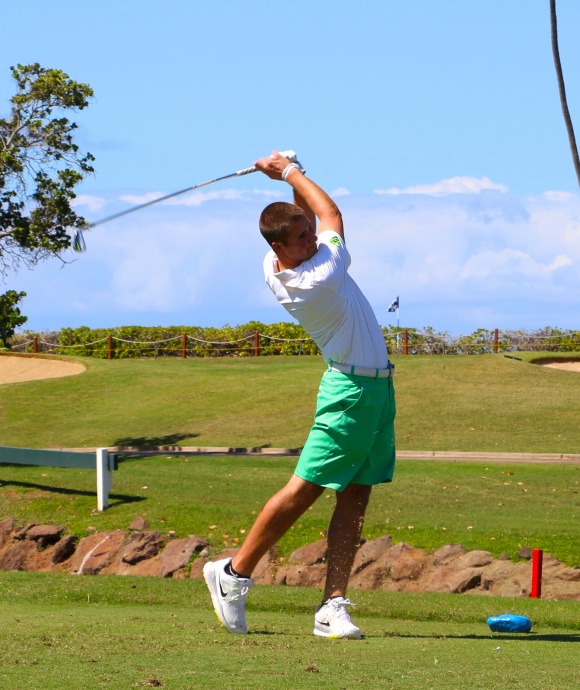 Brandon McIver tees off on the Royal Ka'anapali #4 hole – McIver who lead the first round in 2014, helped Oregon to the Team Championship win. Courtesy photo.