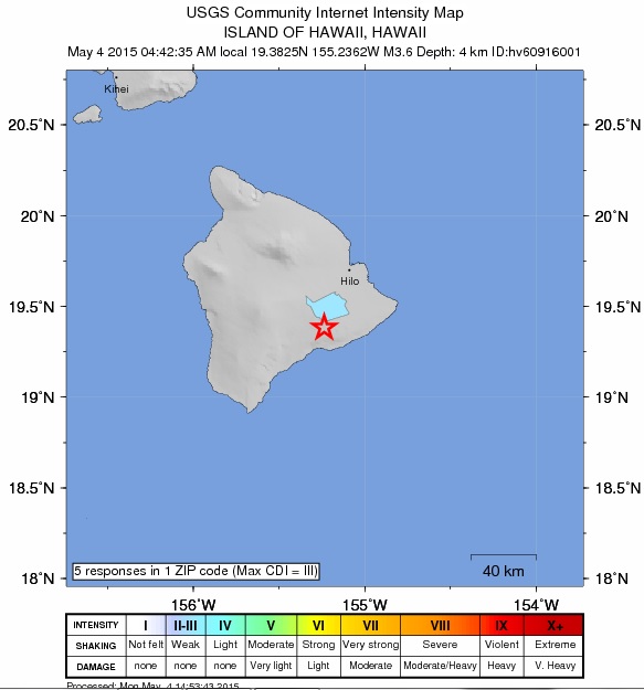 Hawaiʻi Island earthquake, May 4, 2015. Image courtesy USGS.