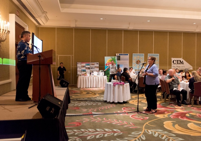 Mayor's Office of Economic Development Director Teena Rasmussen asking Governor David Ige a question during a Q&A portion of the Maui Chamber of Commerce Board Installation Luncheon at The Fairmont Kea Lani. (6.26.2015)  Photo credit: County of Maui.