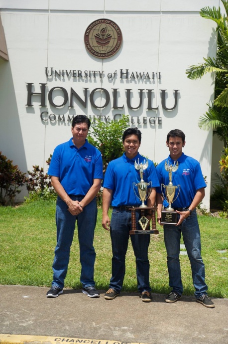 The winners of the Hawaii hands-on state contest are instructor Shannon Rowe and students David Casayuran and Joseph Burger.  Courtesy photo: Ford/AAA Student Auto Skills Competition.