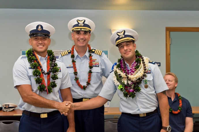 United States Coast Guard Station Maui Hawaii Change of Command Ceremony at which Chief Warrant Officer Erin M. Stapleton was relieved by Chief Boatswains Mate Ekahi P. Lee. (6.8.2015)