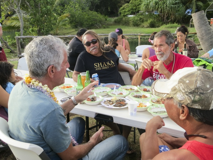 Tony has a meal with Community members of the Island of Molokai, including outspoken activist, Walter Ritte.  Copyright:(c) 2015 Cable News Network. A Time Warner Company. All Rights Reserved. Used with express consent for Pacific Media Group/ Maui Now.