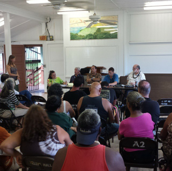 Representatives from the state DOT Airports Division and the FAA are on hand to respond to community concerns about the proposed Skydive Hana operation in East Maui. Photo credit: Kapena Kalama.