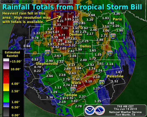 Tropical Depression Bill rain totals. Image courtesy National Weather Service/ NOAA.