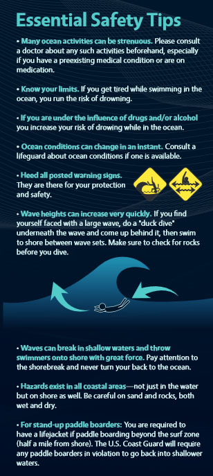 The Ocean Safety Guide brochure features a section on "Essential Safety Tips."