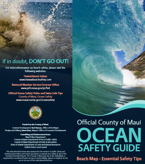 The Ocean Safety Guide brochure front page offers the reminder, "When in doubt, don't go out."