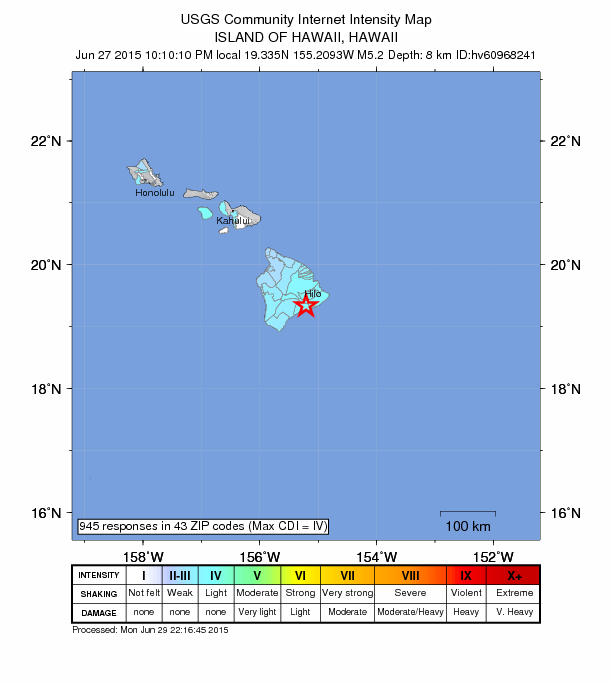 Hawaiʻi Island earthquake, June 27, 2015, 10:10 p.m. HST. Intensity Map Image courtesy USGS.