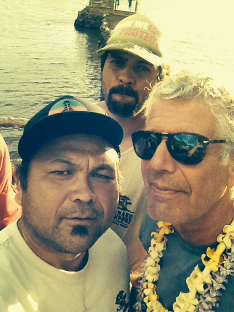 Bourdain has a meal with Community members of the Island of Molokai, including outspoken activist, Walter Ritte.  This photo was taken during Bourdain's Molokai visit. Copyright:(c) 2015. Photo credit: Guy Naehu.