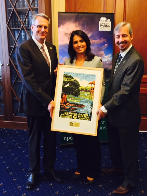 Rep. Tulsi Gabbard (HI-02) was recognized as a Friend of the National Parks by NPCA President and CEO Clark Bunting (left) and NPCA Senior Vice President of Government Affairs Craig Obey (right). 