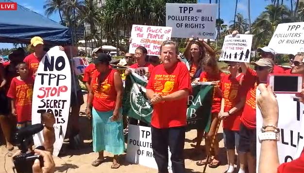 Kauaʻi Council Member Gary Hooser speaks at the Stop TPP Maui Press Conference. Photo credit: Nicholas Garrett.