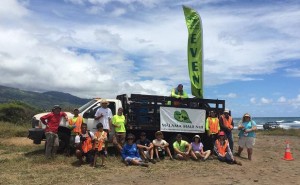 Mālama Maui Nui staff and volunteers pose at the end of the second beach cleanup at Rivermouth in Wailuku, Maui. Photo courtesy of Mālama Maui Nui. 