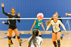 Kamehameha Maui's Danielle Brown (7) watches as teammate Aliyah Ayau (5) prepares to pass this ball. Photo by Rodney S. Yap.