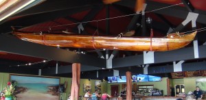 Koa canoe hanging from the ceiling at Nalu's South Shore Grill. Photo by Kiaora Bohlool.