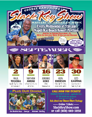 George Kahumoku Jr. will present his Grammy Award-winning slack key show, Masters of Hawaiian Music, sept 2015 poster