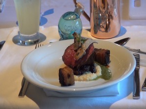 Maui cattle beef tenderloin, Kula corn, mushrooms, pork belly croutons and pho chimichurri, crafted by Westin Kāʻanapali Ocean Resort Villas executive chef Francois Milliet for the Moscow Mule pairing lunch. Photo by Kiaora Bohlool.