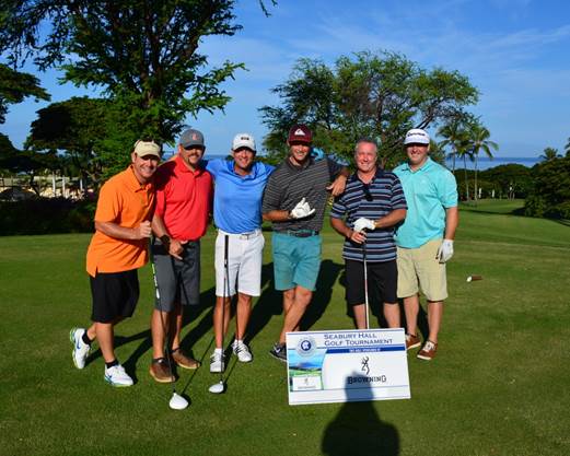 (left to right), Aaron Brummel, Adam Quinn, Jerry King, Ryan Silva, and Event Title Sponsor, John Browning, and Greg Burns at the Seabury Hall 21st Annual Benefit Golf Tournament.