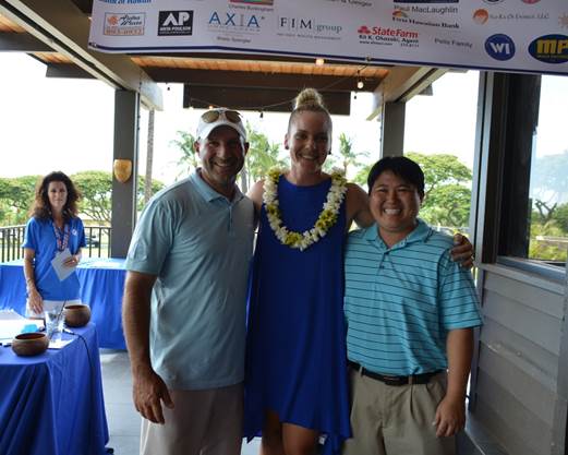 Longest Drive Winners, Rick Tramontin and Desiree Ting with Event Chair, Kaimana Lee Brummel (center)