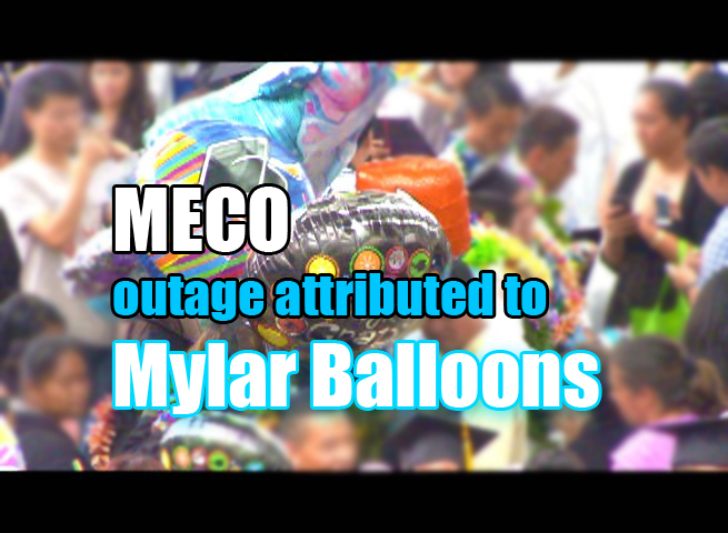 MECO outage attributed to mylar balloons. Maui Now graphic. Background file image credit: UHMC.