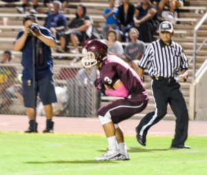 Baldwin's Kaelon Wainui is wide open in the end zone when he catches this touchdown pass from quarterback Chayce Akaka. Photo by Rodney S. Yap.