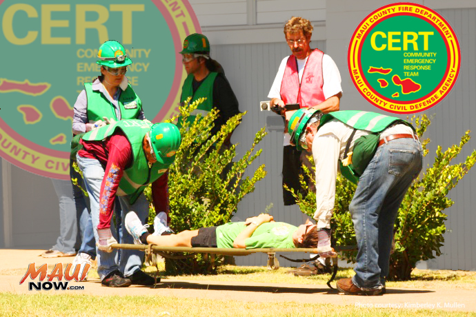 CERT training in fire suppression Photo by Kimberley K Mullen courtesy Maui Civil Defense Agency. Maui Now Graphics.
