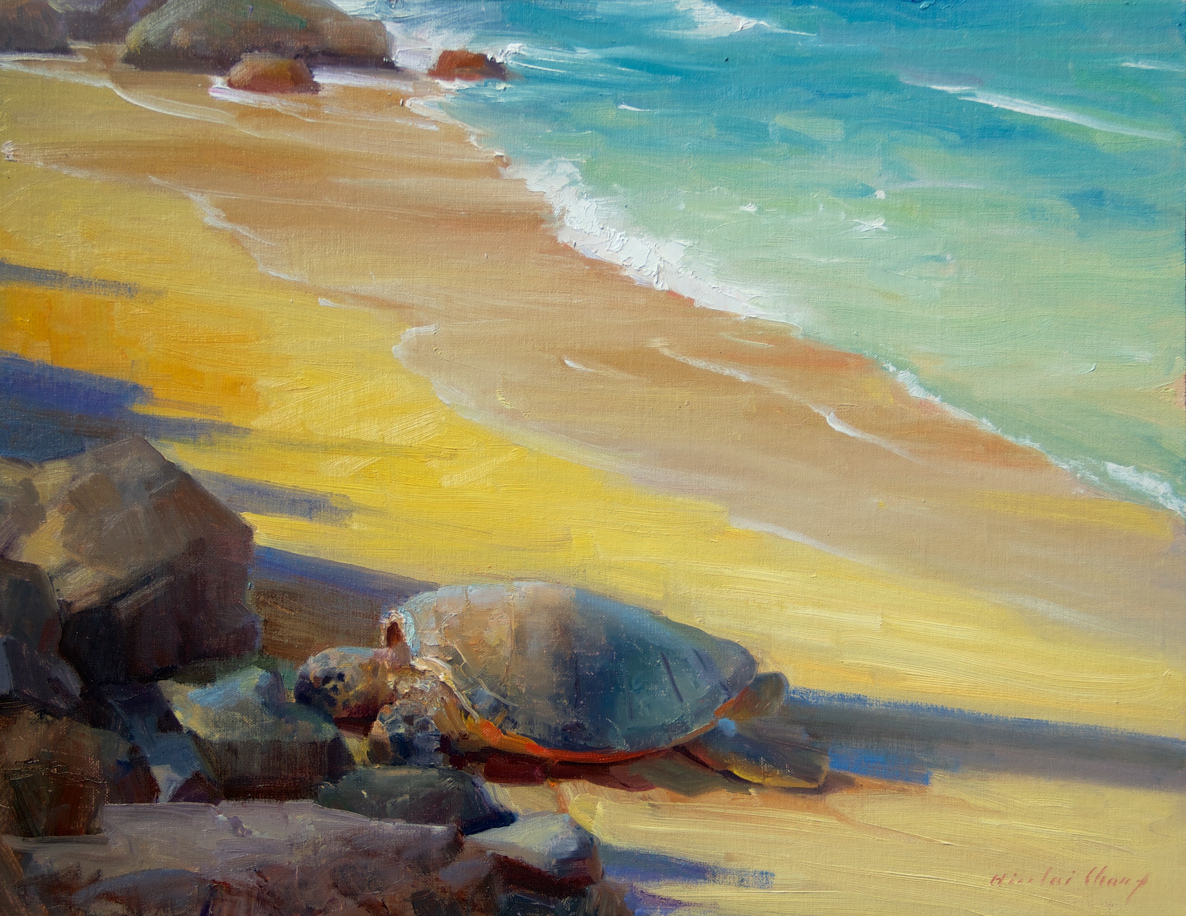 Hiu Lai Chongʻs rendering of a Maui honu, “Sunbathing,” in Lahaina. Chong will be conducting a workshop on Maui, Feb. 9-11. Photo provided by
