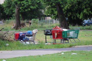 Shopping carts belonging to homeless individuals in the vacant lot next to the Family Life Center in Kahului. Photo by Wendy Osher.