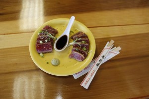Sesame-cruated, seared Ahi appetizer at Coconut's Fish Cafe in Kihei. Photo by Marlo Antes.