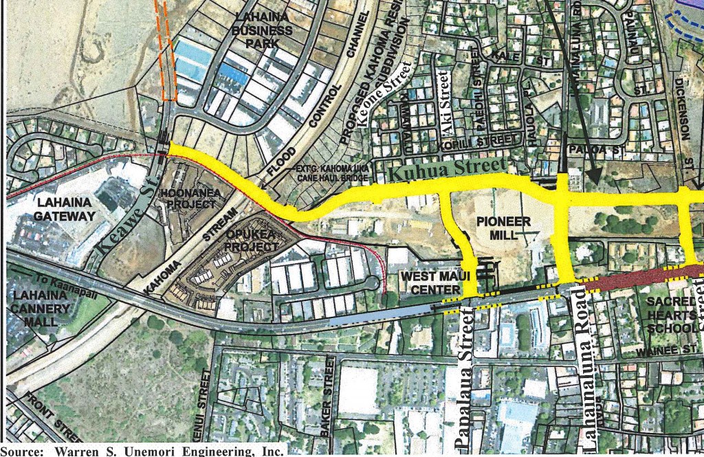 Proposed Kuhua Street Extension map showing terminus at Keawe Street. Image credit: Warren S Unemori Engineering, Inc. via Munekiyo Hiraga and Final Environmental Assessment prepared for the Maui Department of Public Works.