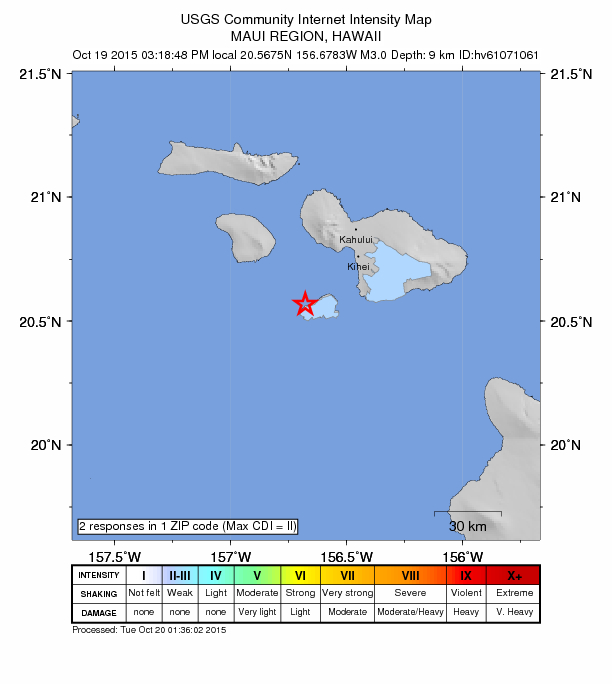 Maui earthquake map, Oct. 19, 2015. Image credit: USGS.