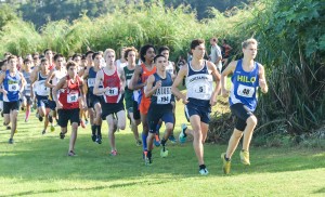 The early leaders in the boys division of the state cross country race held at Seabury Hall on Saturday. Photo by Rodney S. Yap. 
