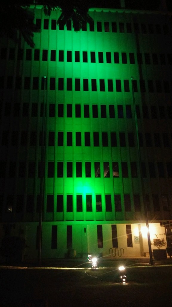 The Maui County building illuminated in green, Nov. 11, 2015. Courtesy photo.