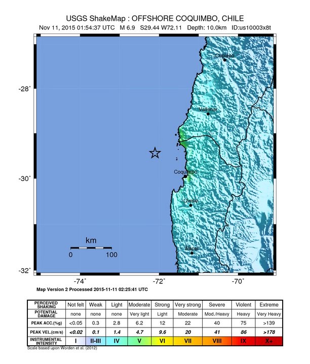 Chile Quake 11/10/15, Shake Map credit: USGS/PTWC.