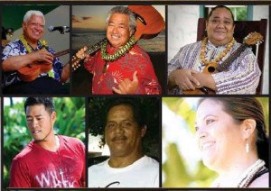 Entertainment includes: (top row left to right) Uncle Richard Hoʻopiʻi, Uncle George Kahumoku, Kumu Uluwehi Guerrero and Hālau Hula Kauluokalā, (bottom row, left to right) Neal Yamamura and the Lāʻau Street String Band, Homestead, and Kumu Kahulu Maluo and Hālau Hula Kamaluokaleihulu.