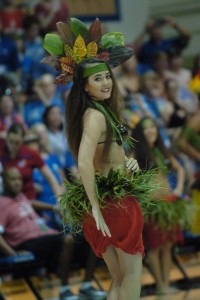 One of Maui's talented hula dancers entertains the crowd during a break in the action at the Maui Invitational Tournament. Photo by Joel B. Tamayo.