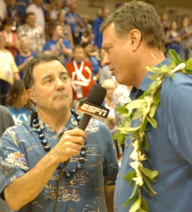 Kansas head coach Bill Self talks with ESPN after the game. Photo by Joel B. Tamayo.