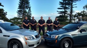Pictured from left to right are current members of MPD's DUI Task Force Unit: Officer Alvin Ota, Officer Kunal Chopra, Sergeant Nick Krau, Officer Aaron Mark, and Officer Jun Hattori.  Drive Sober or Get Pulled Over, 2015. Photo credit: Maui Police.