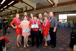 Virgin America commenced service from San Francisco to Kahului, Maui. The inaugural flight included a "Spray of Aloha" and water blessing as the aircraft landed on Maui; a fresh flower lei greeting; and Made in Maui amenity bag; hula dancing and Hawaiian music. Photo credit: Maui Visitors and Convention Bureau Virgin America.